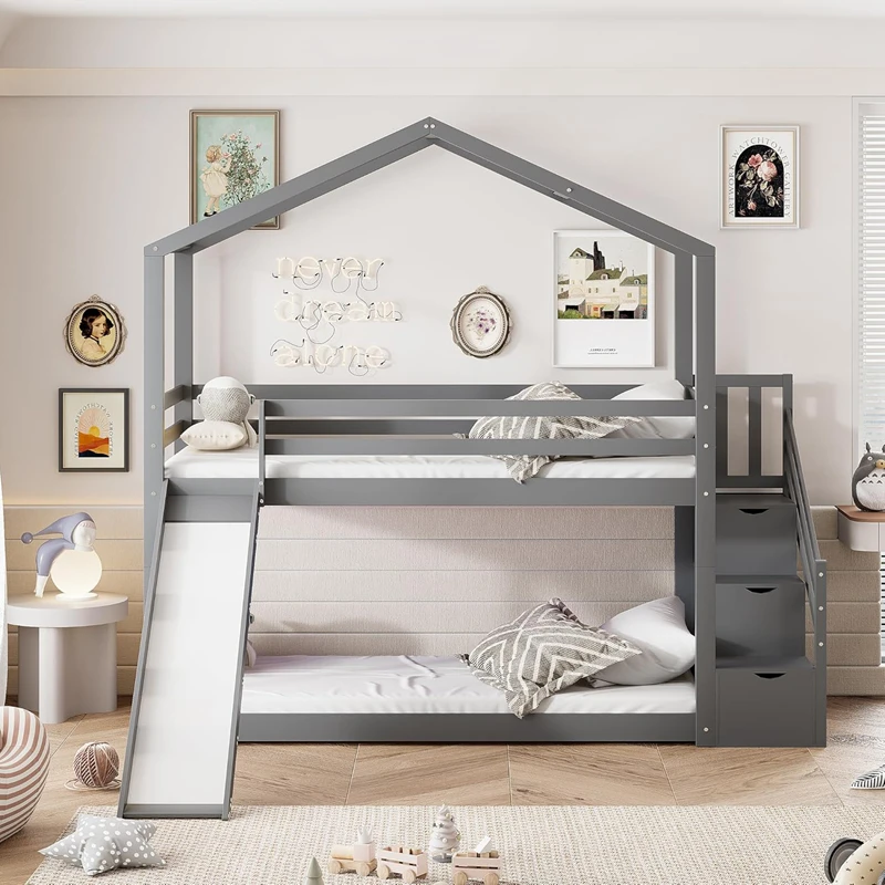 Litera para ni&ntilde;os de madera de pino con forma de casa - Cama con plataforma doble estilo Montessori