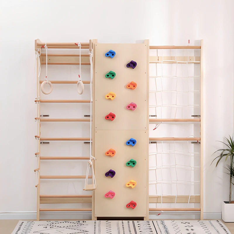 Gimnasio en la jungla interior plegable 7 en 1: juego de escalada con tobog&aacute;n, pared de roca y barra