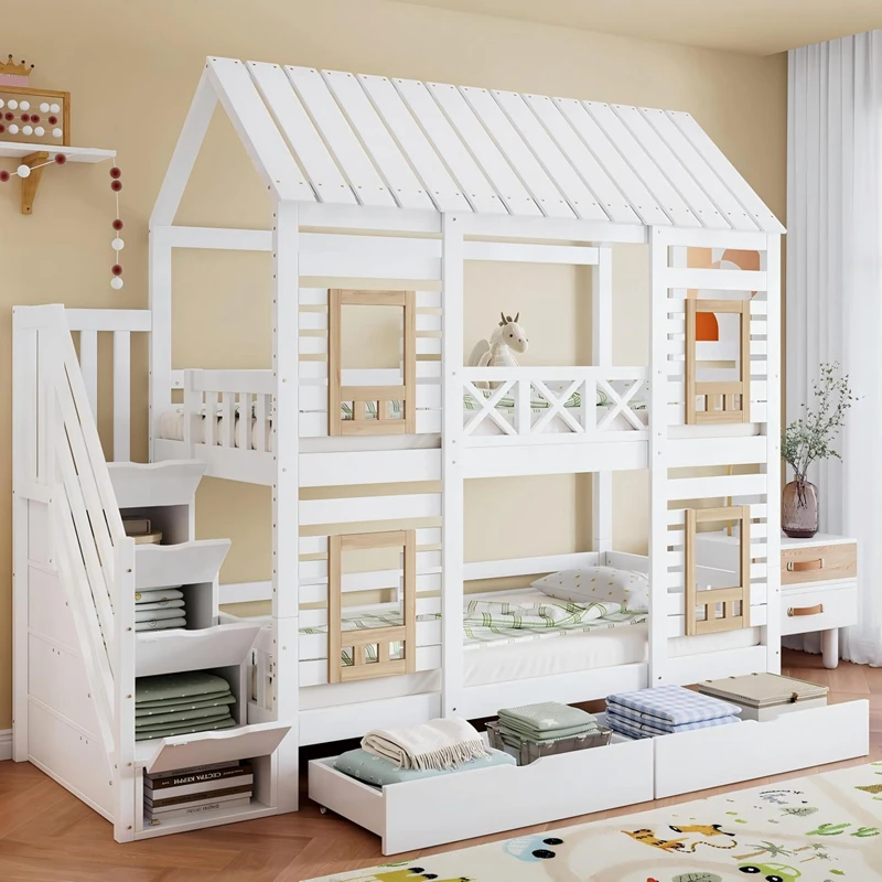 Litera para ni&ntilde;os de madera de pino con forma de casa - Cama con plataforma doble estilo Montessori