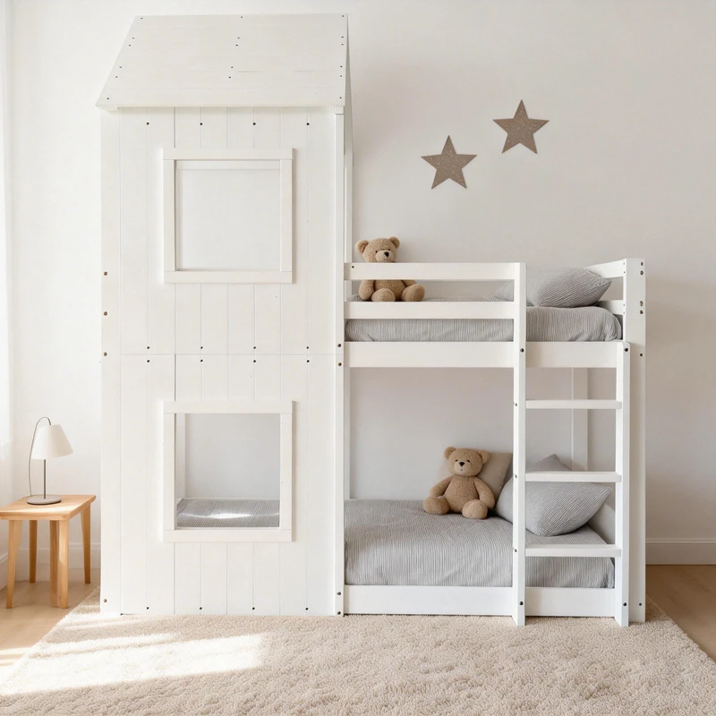 Litera para ni&ntilde;os de madera de pino con forma de casa - Cama con plataforma doble estilo Montessori