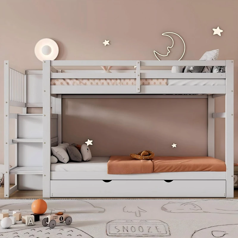 Litera de madera maciza con escaleras de almacenamiento para ni&ntilde;os | Gemelo sobre gemelo