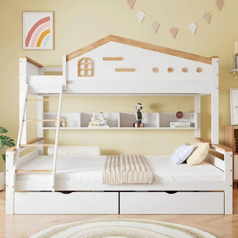 Litera para ni&ntilde;os de madera de pino con forma de casa - Cama con plataforma doble estilo Montessori