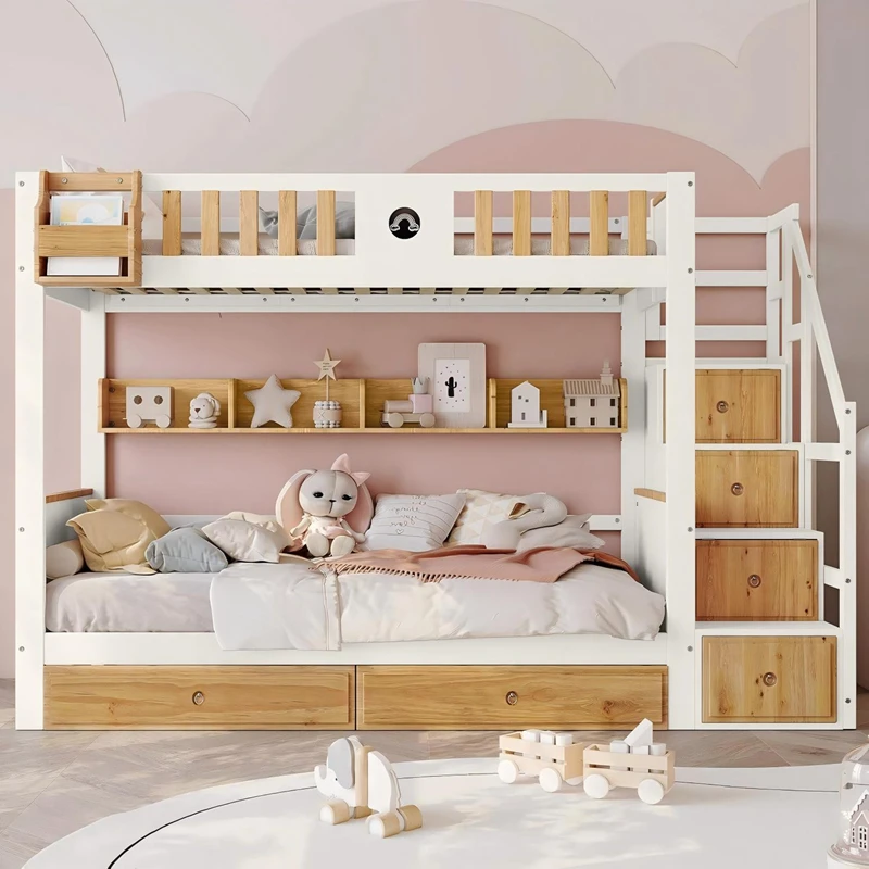 Litera de madera maciza con escaleras de almacenamiento para ni&ntilde;os | Gemelo sobre gemelo