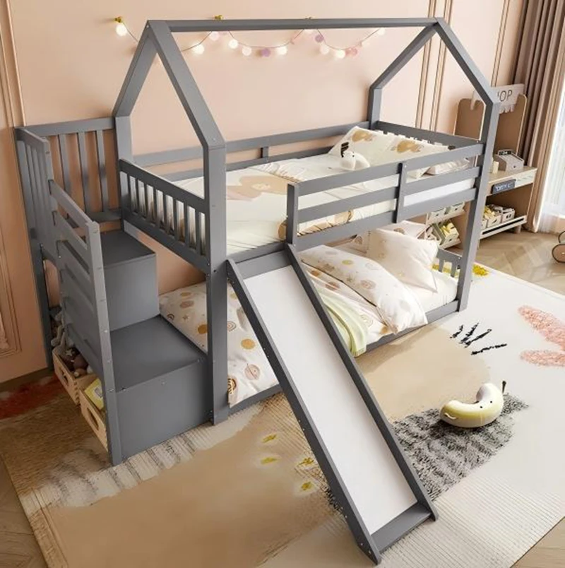 Litera para ni&ntilde;os de madera de pino con forma de casa - Cama con plataforma doble estilo Montessori