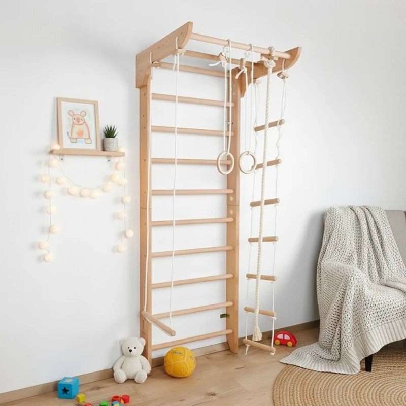 Gimnasio en la jungla interior plegable 7 en 1: juego de escalada con tobog&aacute;n, pared de roca y barra