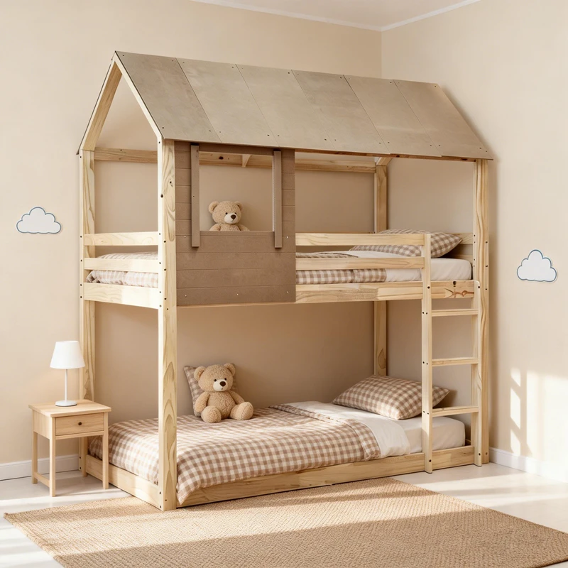 Litera para ni&ntilde;os de madera de pino con forma de casa - Cama con plataforma doble estilo Montessori