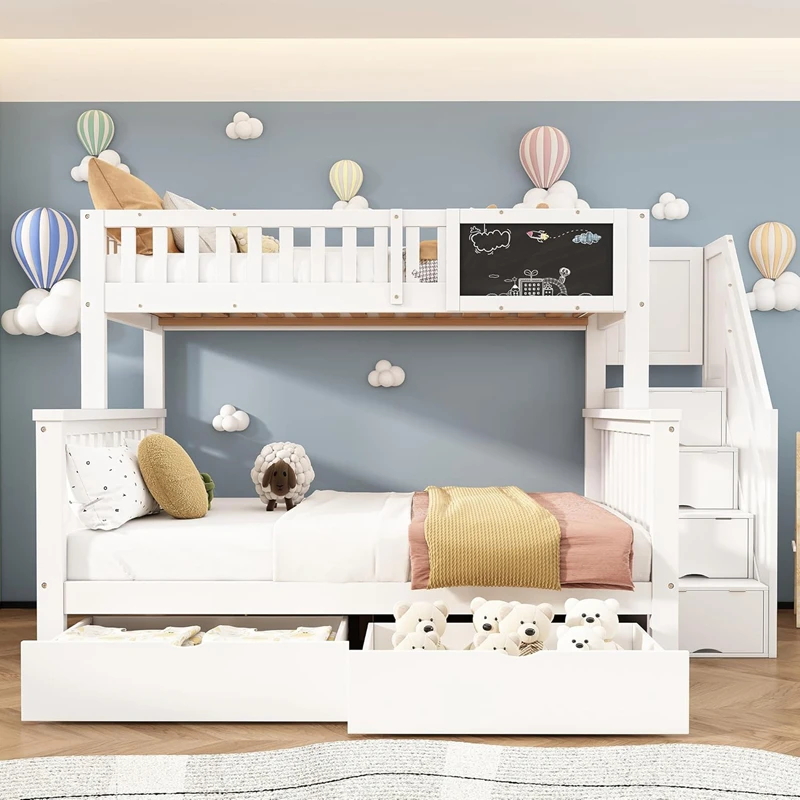 Litera de madera maciza con escaleras de almacenamiento para ni&ntilde;os | Gemelo sobre gemelo