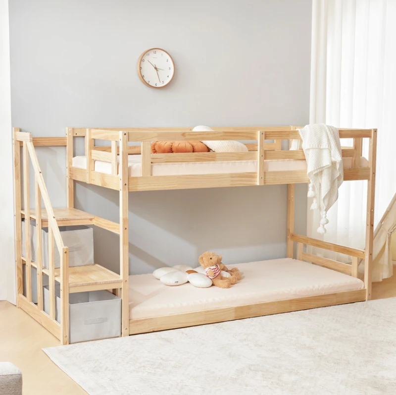 Litera de madera maciza con escaleras de almacenamiento para ni&ntilde;os | Gemelo sobre gemelo