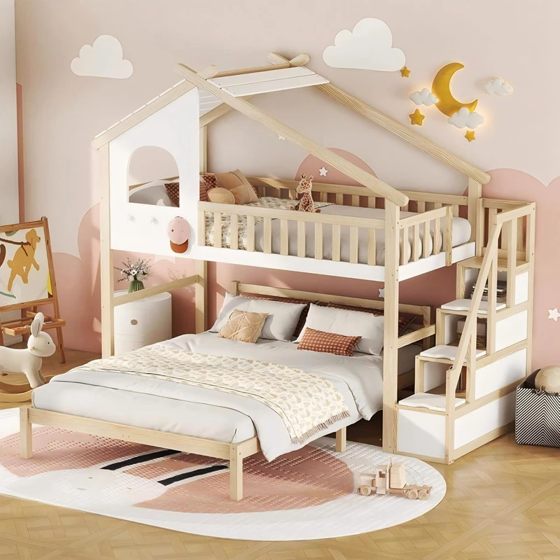 Litera para ni&ntilde;os de madera de pino con forma de casa - Cama con plataforma doble estilo Montessori