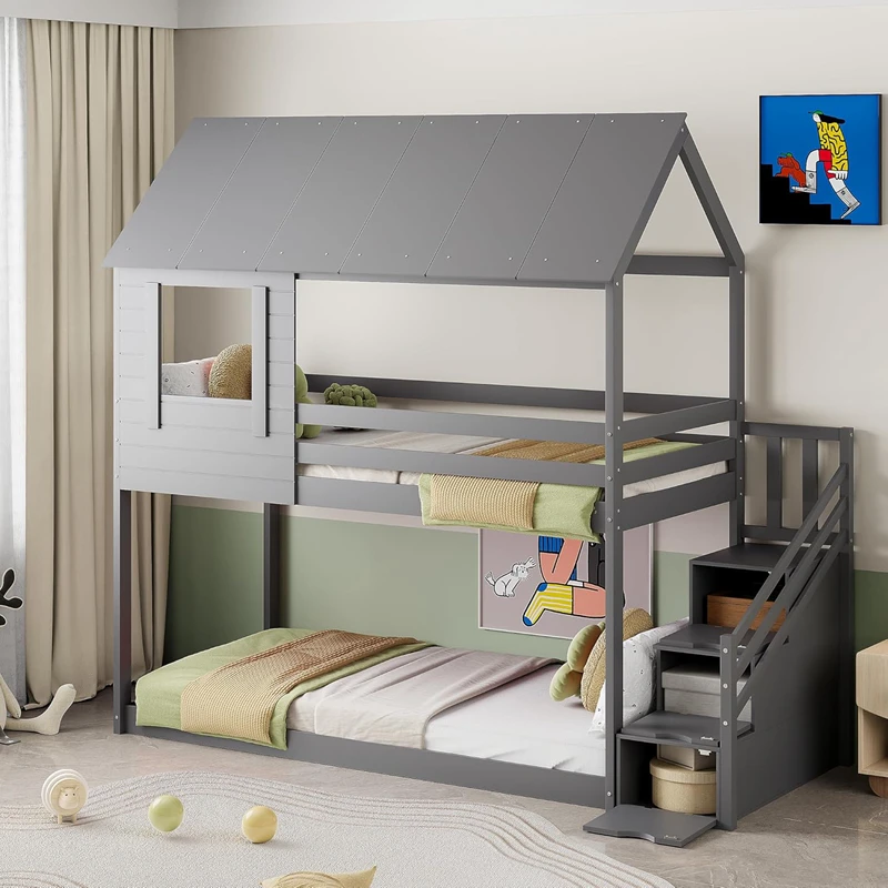 Litera para ni&ntilde;os de madera de pino con forma de casa - Cama con plataforma doble estilo Montessori