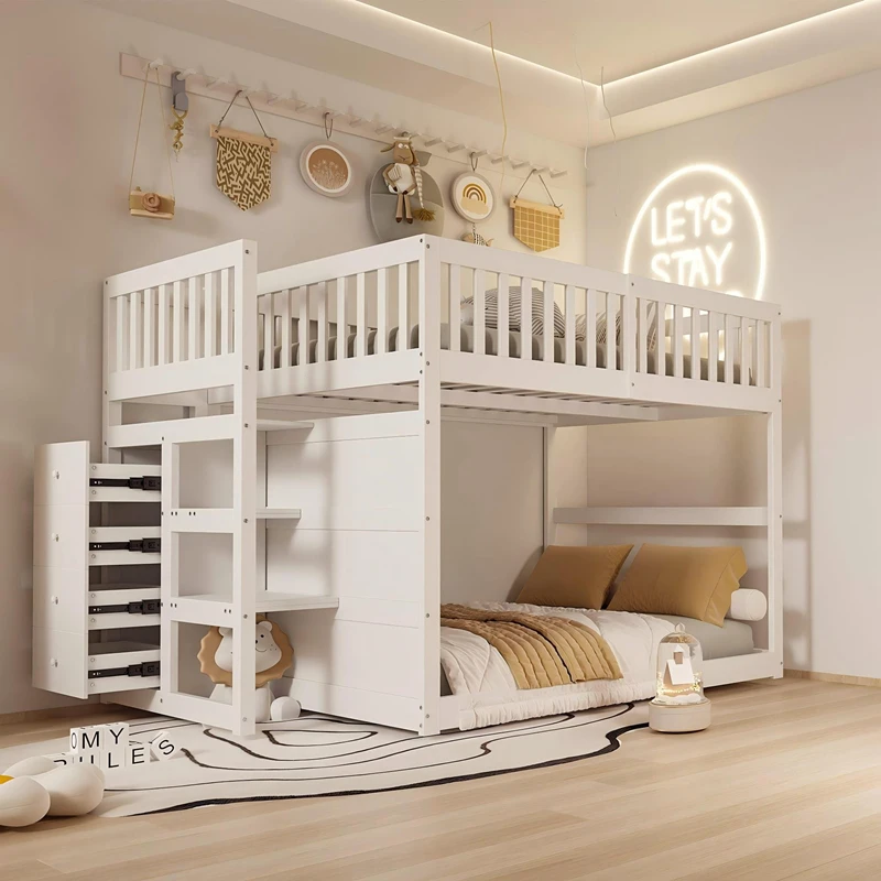 Litera de madera maciza con escaleras de almacenamiento para ni&ntilde;os | Gemelo sobre gemelo