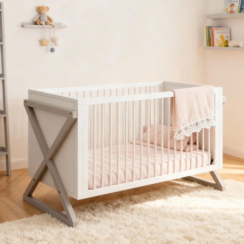 Cuna moderna de madera maciza con altura ajustable y dise&ntilde;o convertible