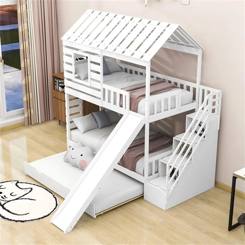 Litera para ni&ntilde;os de madera de pino con forma de casa - Cama con plataforma doble estilo Montessori