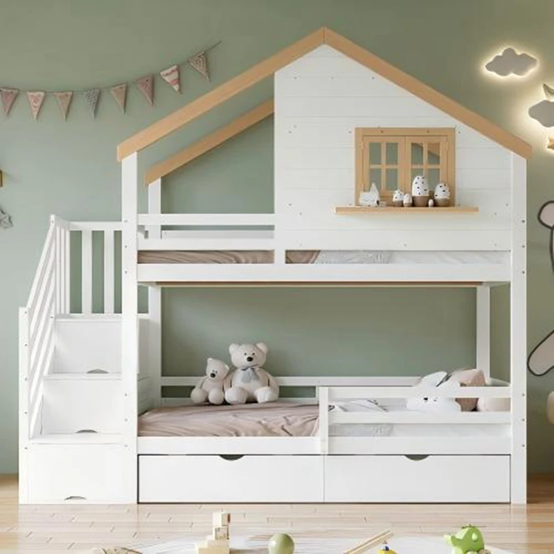 Litera para ni&ntilde;os de madera de pino con forma de casa - Cama con plataforma doble estilo Montessori