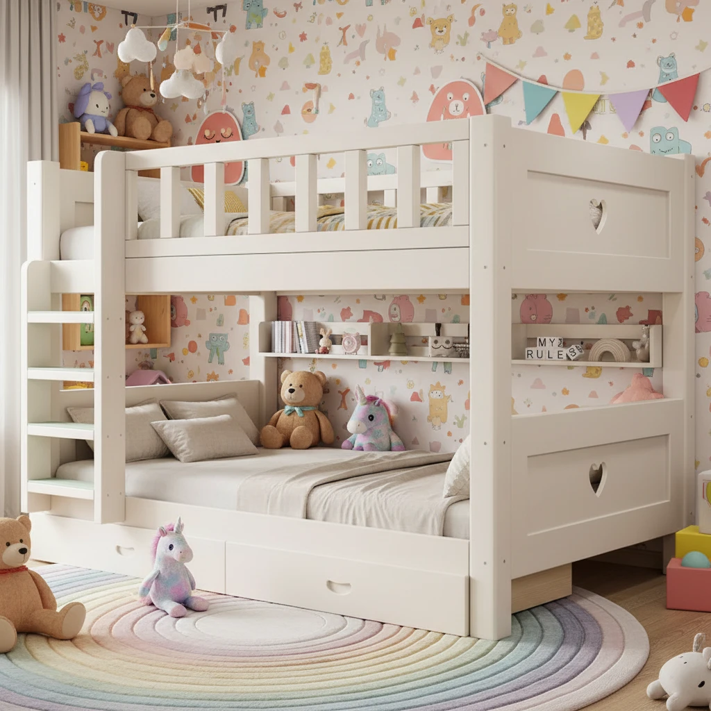 Cama doble infantil moderna de madera maciza con escalera y funci&oacute;n de almacenamiento para dormitori