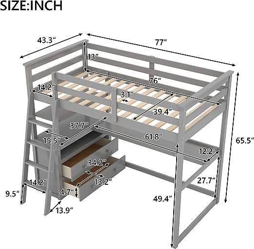 Cama alta doble con cajones, estantes y escritorio largo, estructura de cama de pino macizo