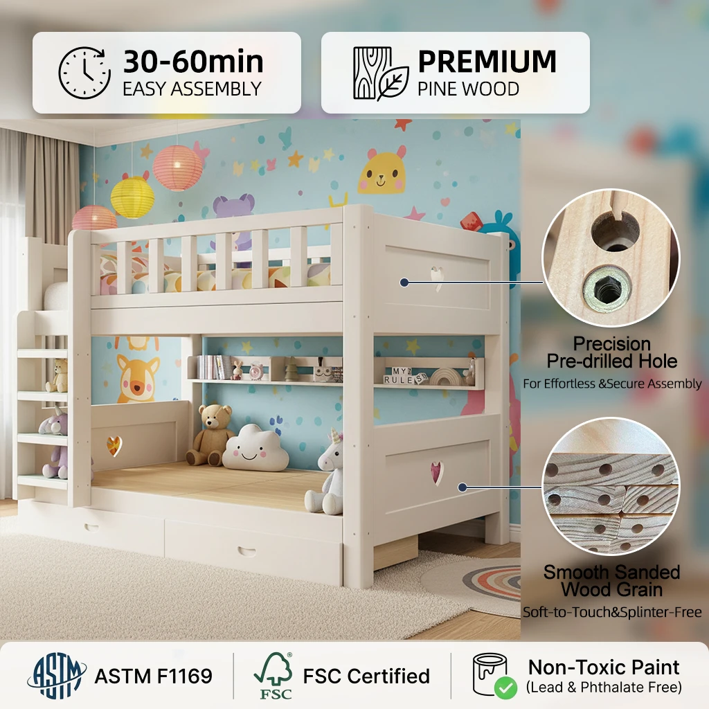 Cama doble infantil moderna de madera maciza con escalera y funci&oacute;n de almacenamiento para dormitori