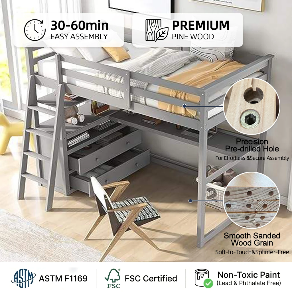 Cama alta doble con cajones, estantes y escritorio largo, estructura de cama de pino macizo