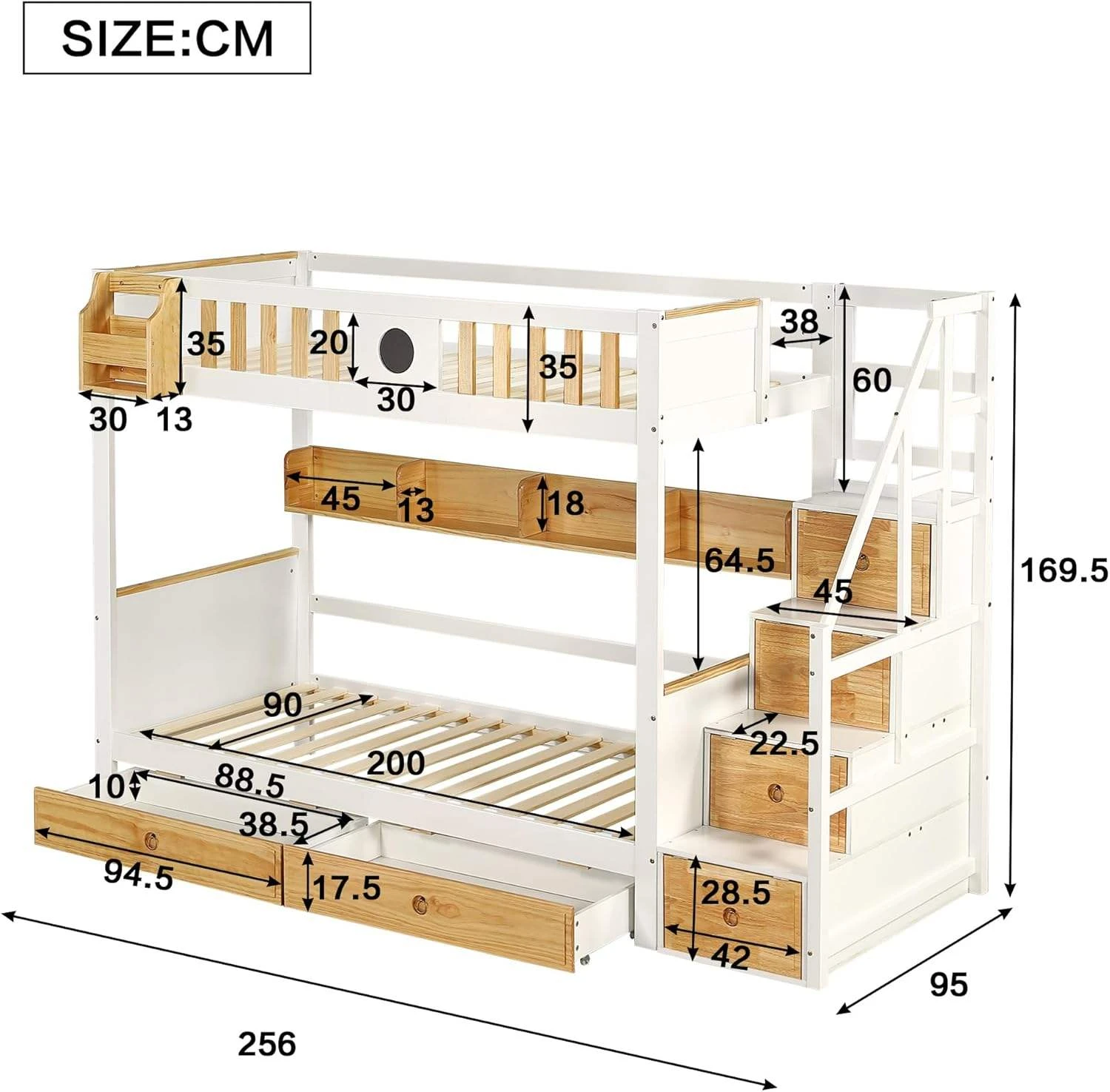 Litera de madera con escaleras de almacenamiento, cajones y estantes laterales, litera para ni&ntilde;os co