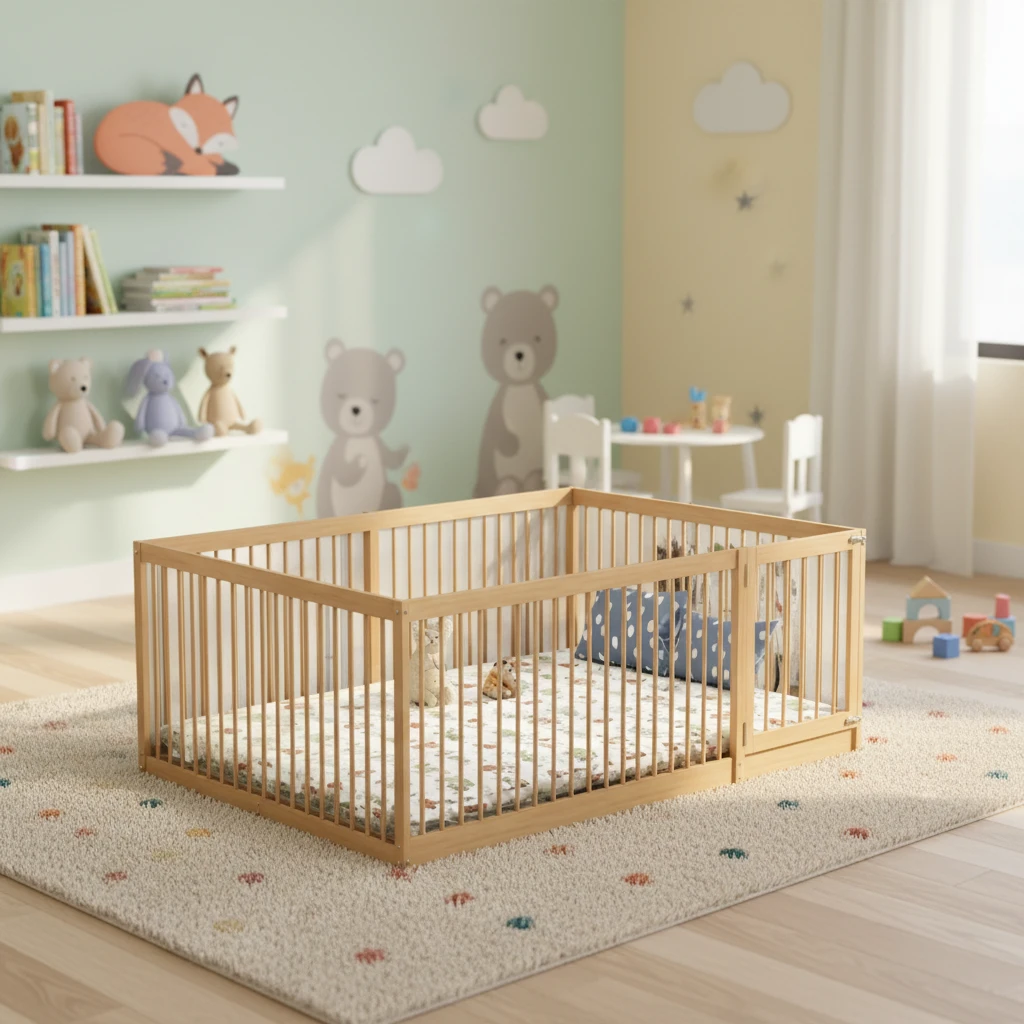 Moderno apartamento infantil de madera maciza con cama valla para ni&ntilde;os.