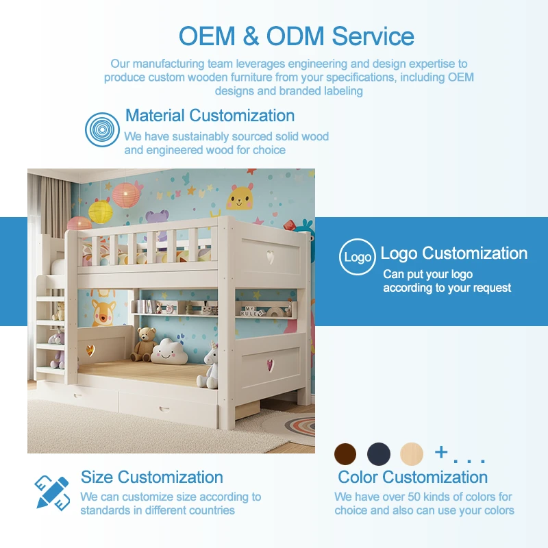 Cama doble infantil moderna de madera maciza con escalera y funci&oacute;n de almacenamiento para dormitori