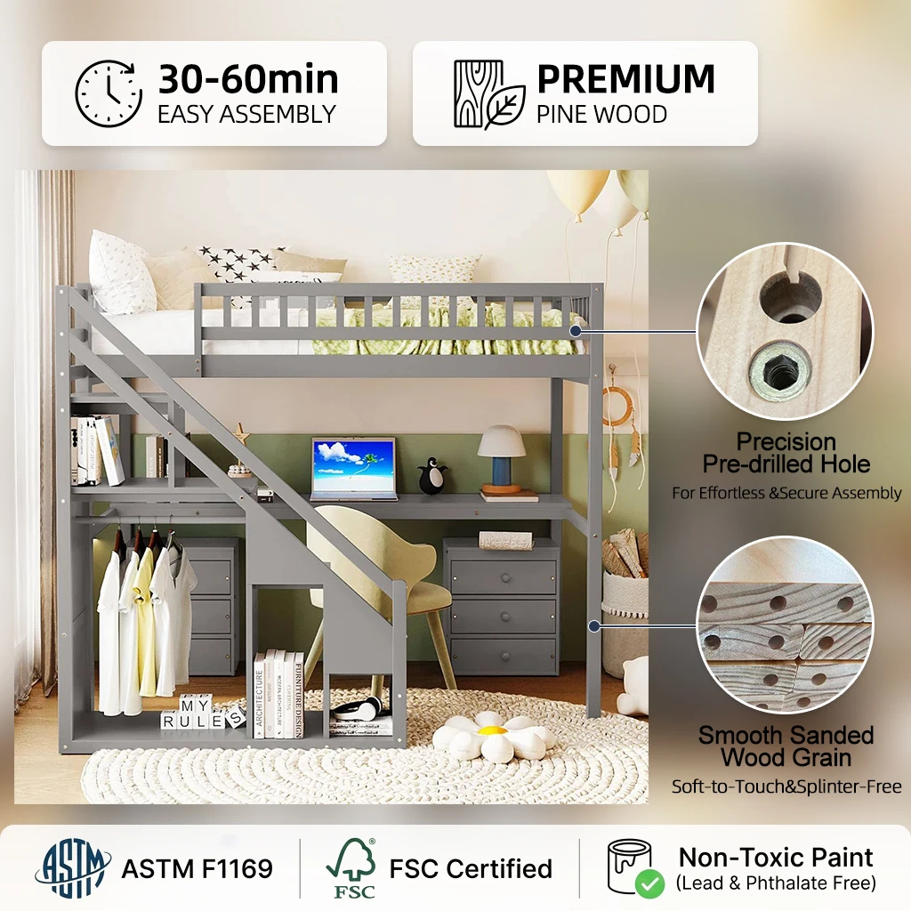 Cama de madera moderna y ecol&oacute;gica con escritorio, dos c&oacute;modas e iluminaci&oacute;n LED, espacio de almacen