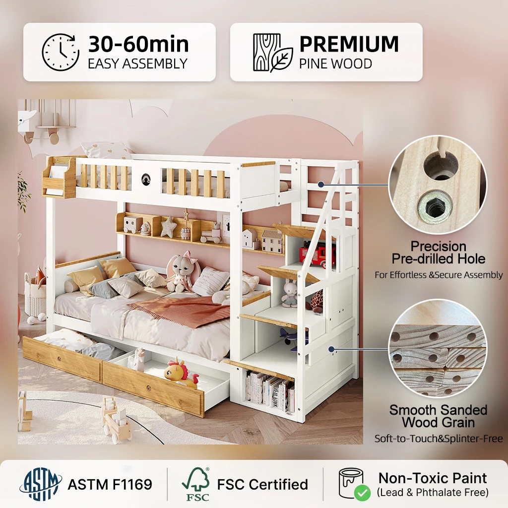 Litera de madera con escaleras de almacenamiento, cajones y estantes laterales, litera para ni&ntilde;os co