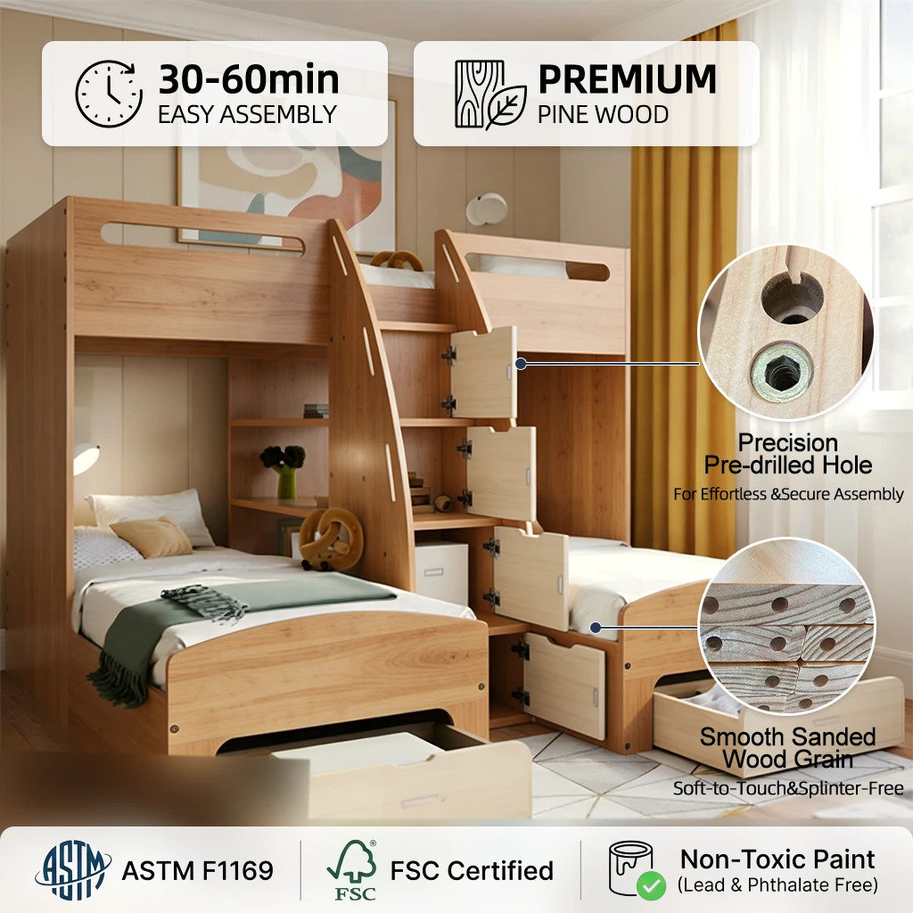 Litera triple moderna para ni&ntilde;os, cama de madera acabada en blanco y roble con almacenamiento, produ