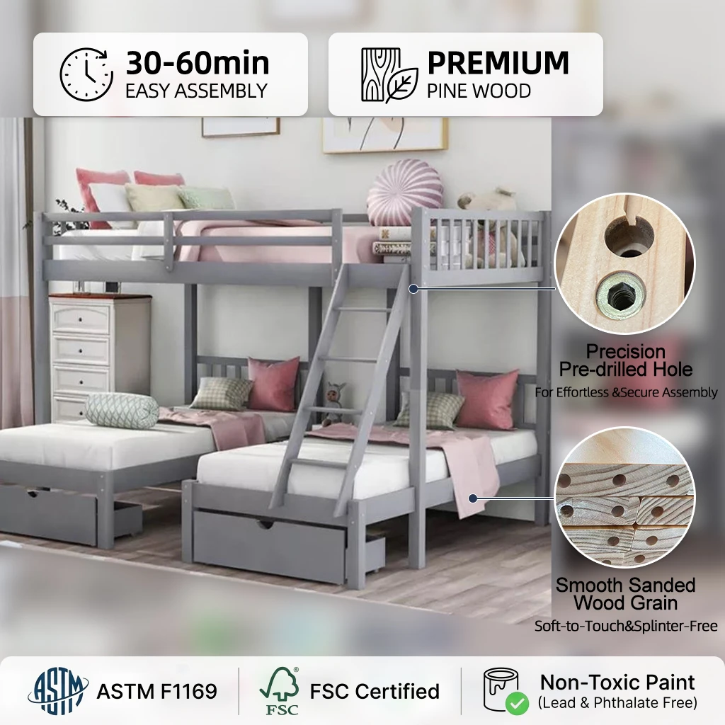 Litera convertible de madera moderna, dise&ntilde;o doble sobre doble con escalera plegable y plataforma ex