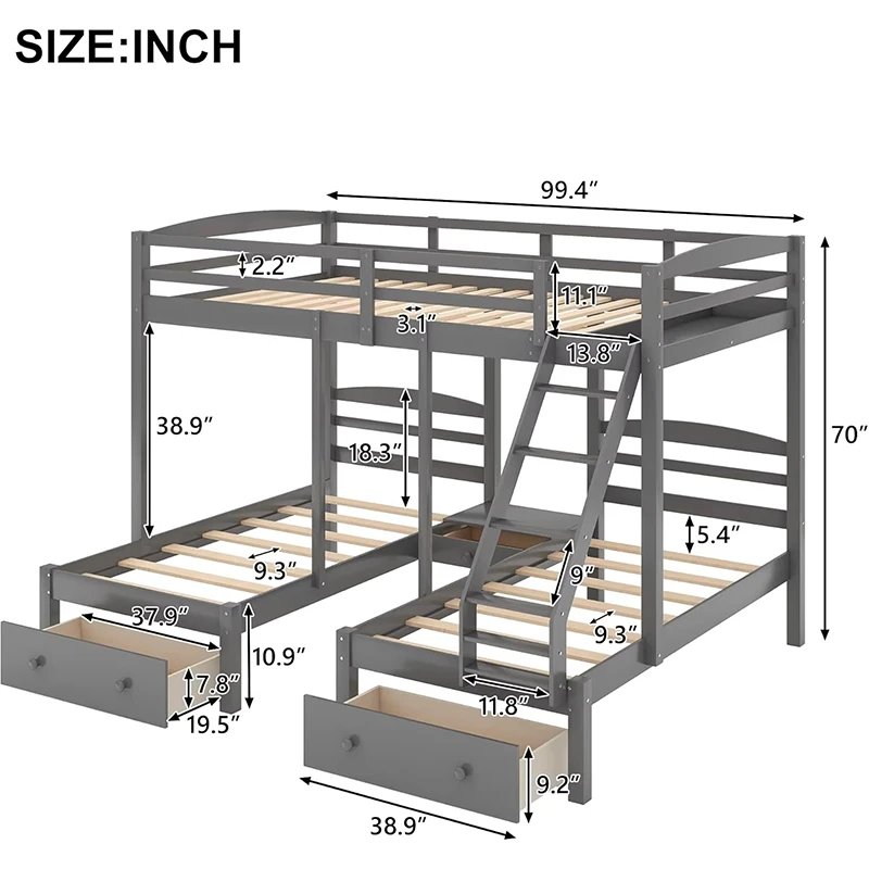 Litera convertible de madera moderna, dise&ntilde;o doble sobre doble con escalera plegable y plataforma ex