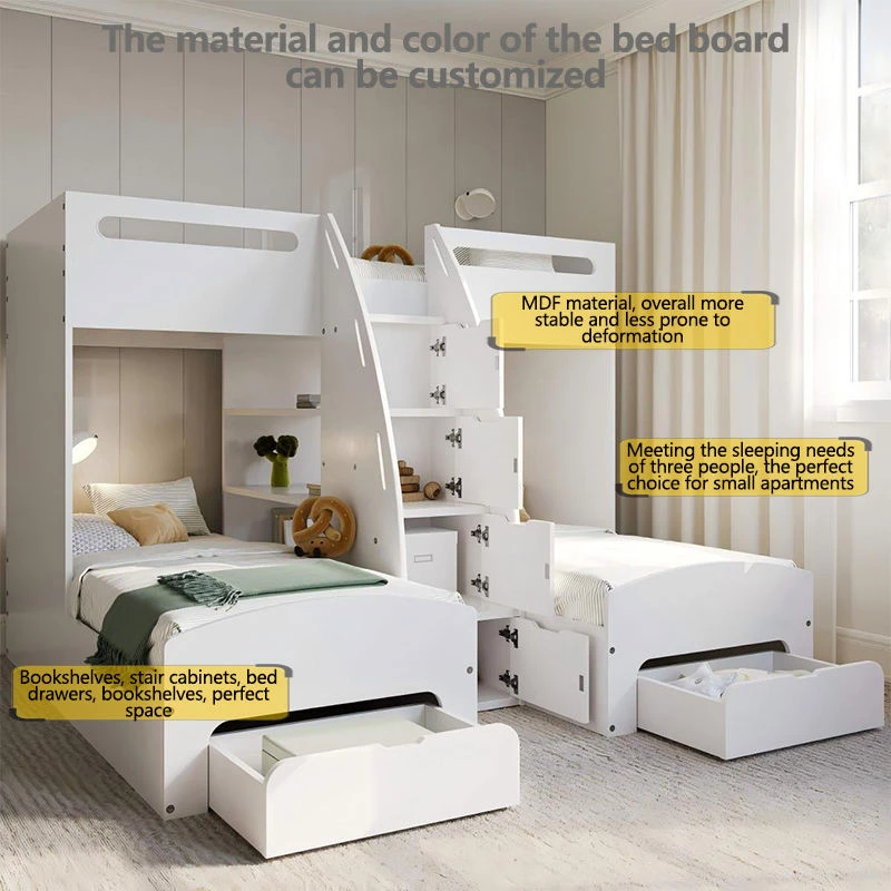 Litera triple moderna para ni&ntilde;os, cama de madera acabada en blanco y roble con almacenamiento, produ