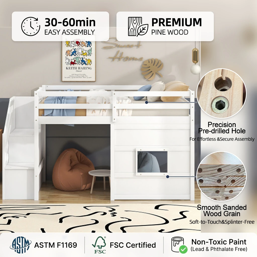 Litera para ni&ntilde;os de madera maciza de estilo europeo, cama alta doble con escaleras, almacenamiento