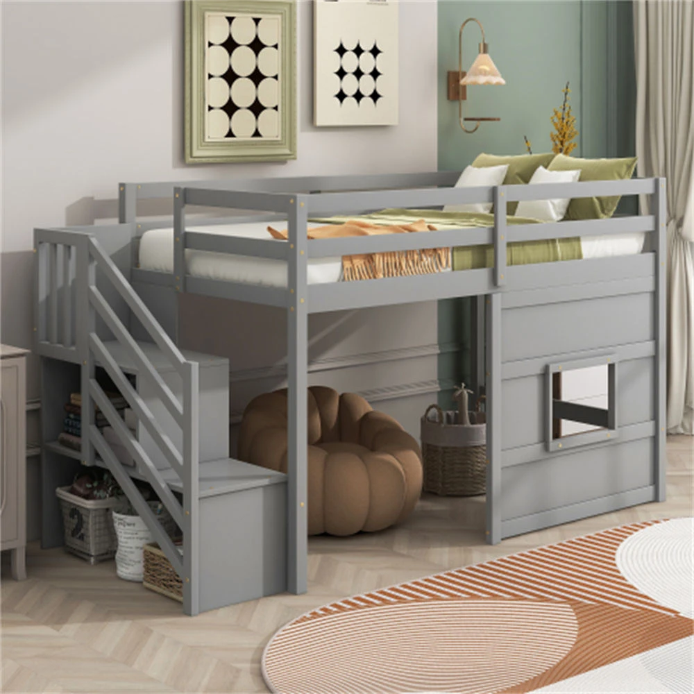 Litera para ni&ntilde;os de madera maciza de estilo europeo, cama alta doble con escaleras, almacenamiento