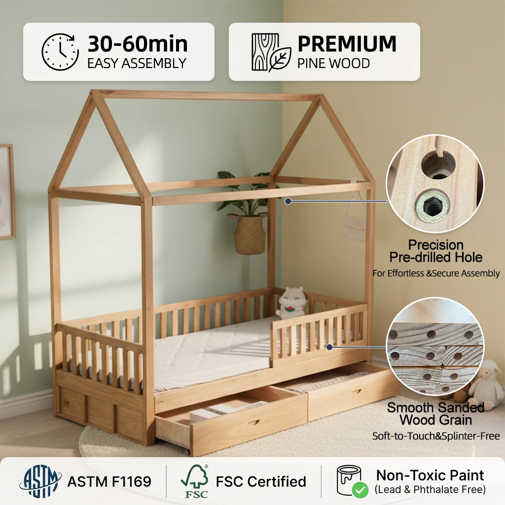 Litera de madera maciza para ni&ntilde;os estilo granja con cajones de almacenamiento y barandillas de segu