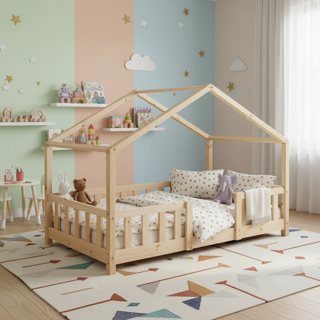 Cama infantil tradicional de madera maciza con barandillas de seguridad, muebles de dormitorio infan