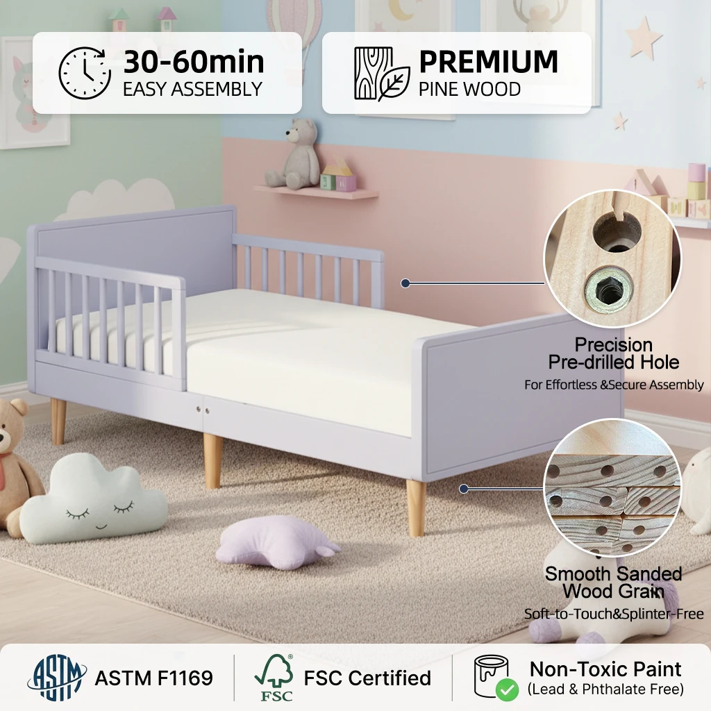 Cama moderna de pino para ni&ntilde;os peque&ntilde;os, cama tem&aacute;tica Lavender Sky Gold con rieles de seguridad in
