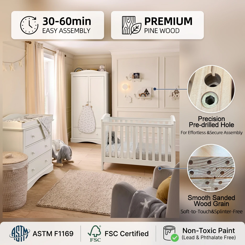 Juego de muebles para ni&ntilde;os de gama peque&ntilde;a y moderna de 3 piezas, cuna de pino para beb&eacute;