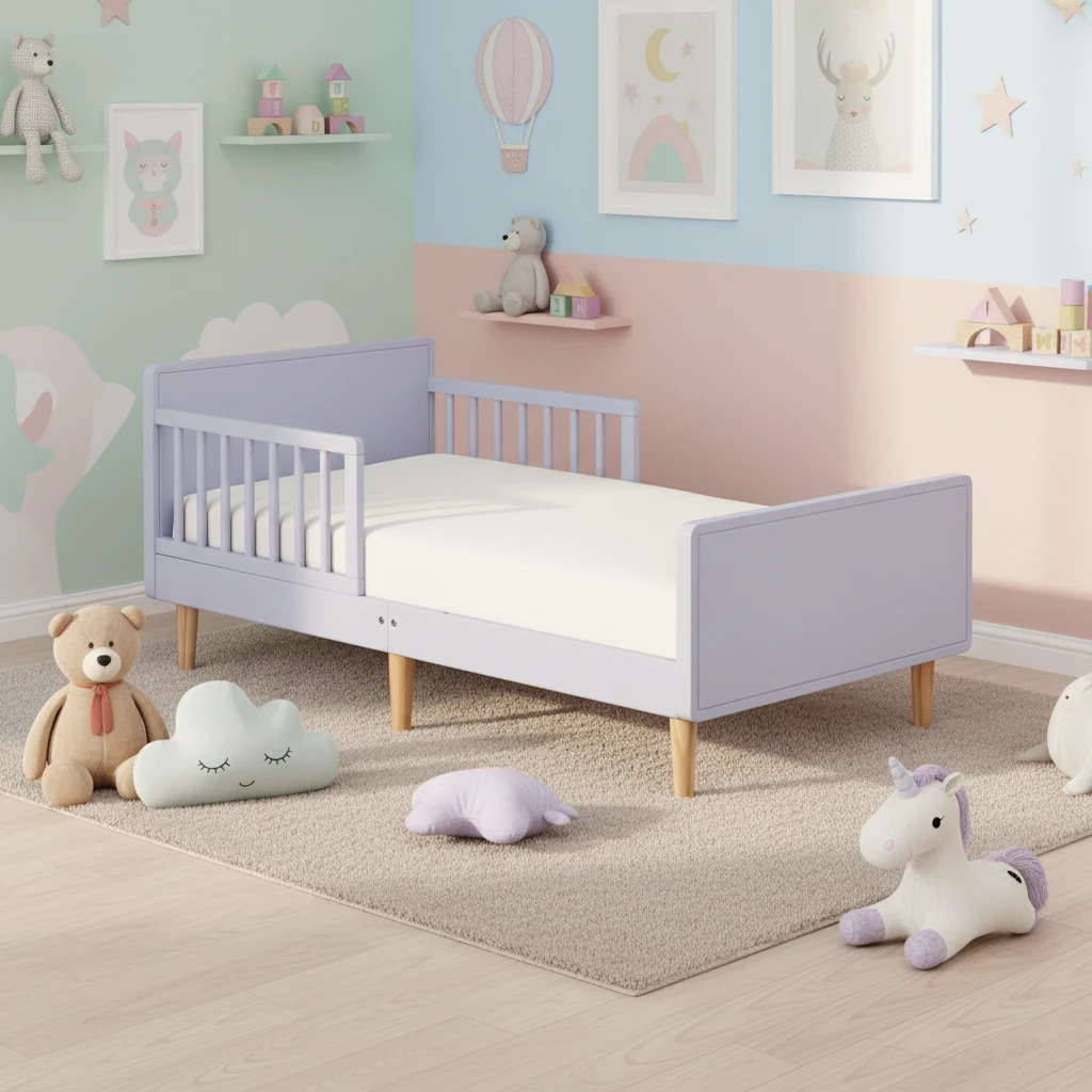Cama moderna de pino para ni&ntilde;os peque&ntilde;os, cama tem&aacute;tica Lavender Sky Gold con rieles de seguridad in