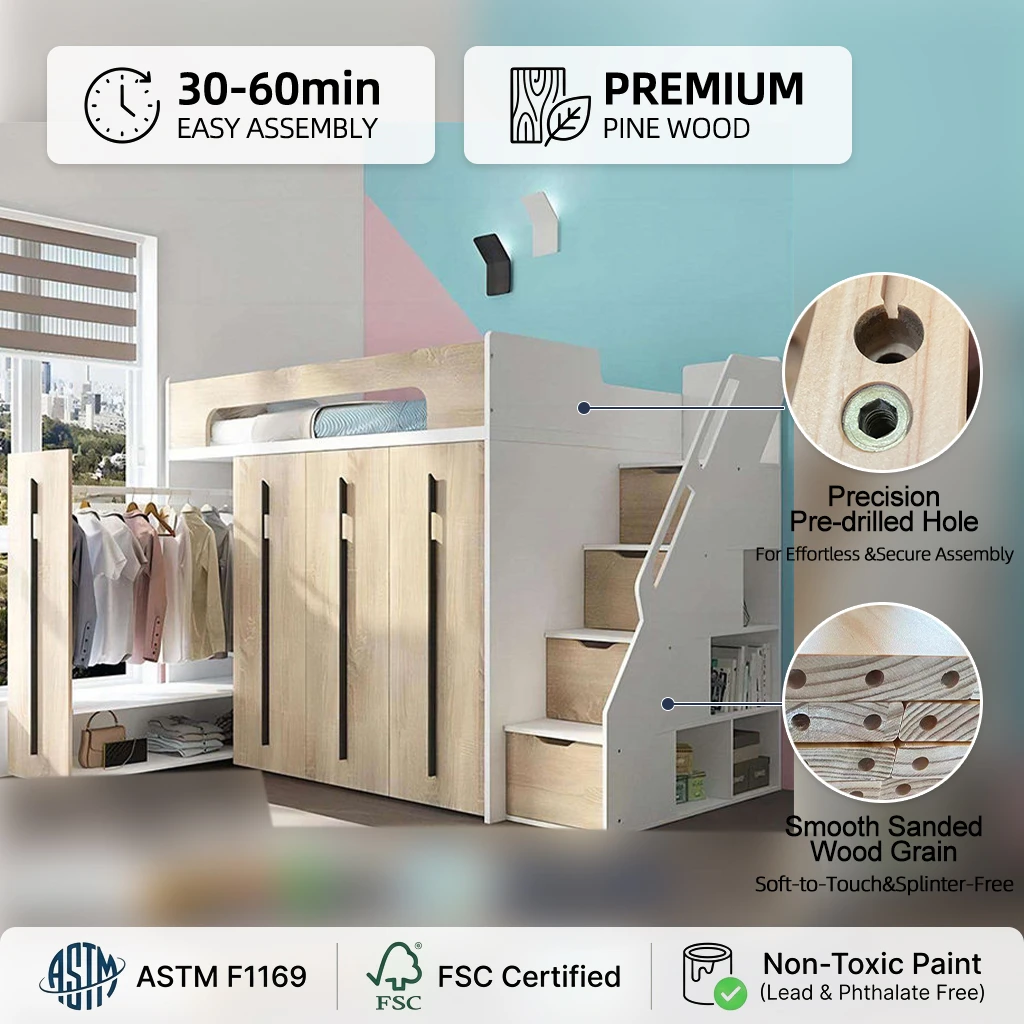Nuevo Cama alta multifuncional de madera para ni&ntilde;os, juego de muebles de dormitorio para ni&ntilde;os que a
