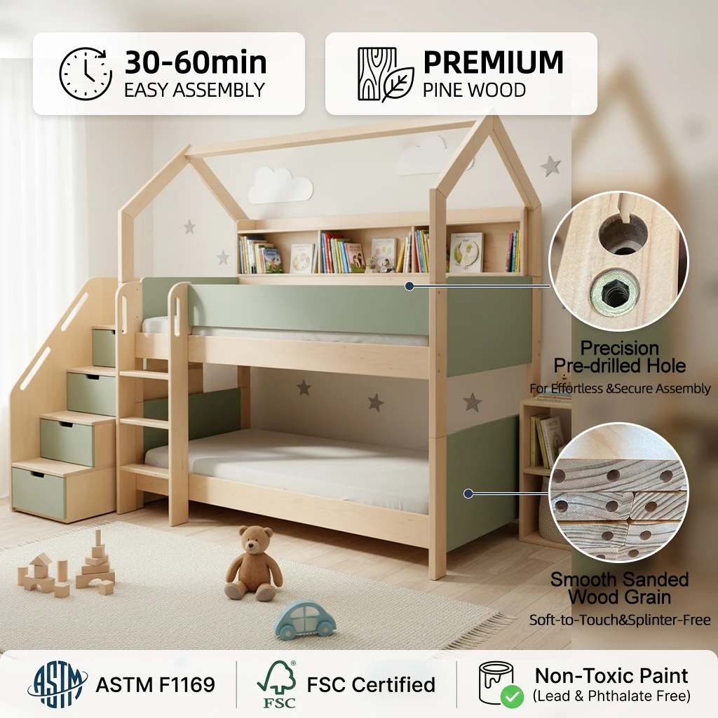 Cama de madera para ni&ntilde;os Casa-formada moderna, multifuncional con gabinete de escalera lateral, dis