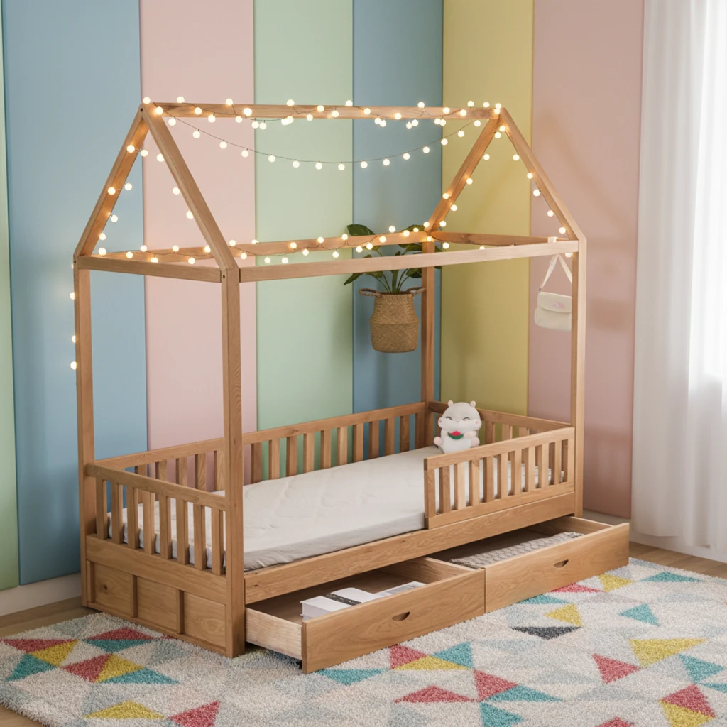 Litera de madera maciza para ni&ntilde;os estilo granja con cajones de almacenamiento y barandillas de segu