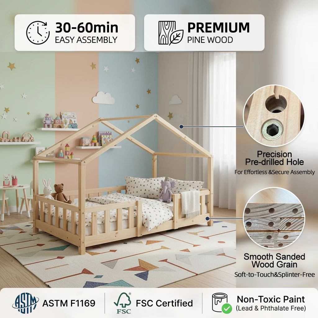 Cama infantil tradicional de madera maciza con barandillas de seguridad, muebles de dormitorio infan
