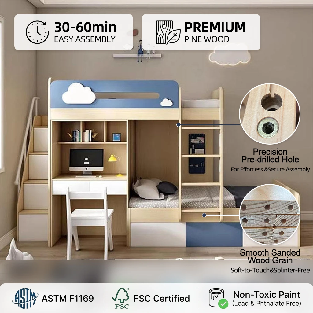 Cama alta de madera contempor&aacute;nea para ni&ntilde;os, juego de muebles de dormitorio de alta calidad que aho
