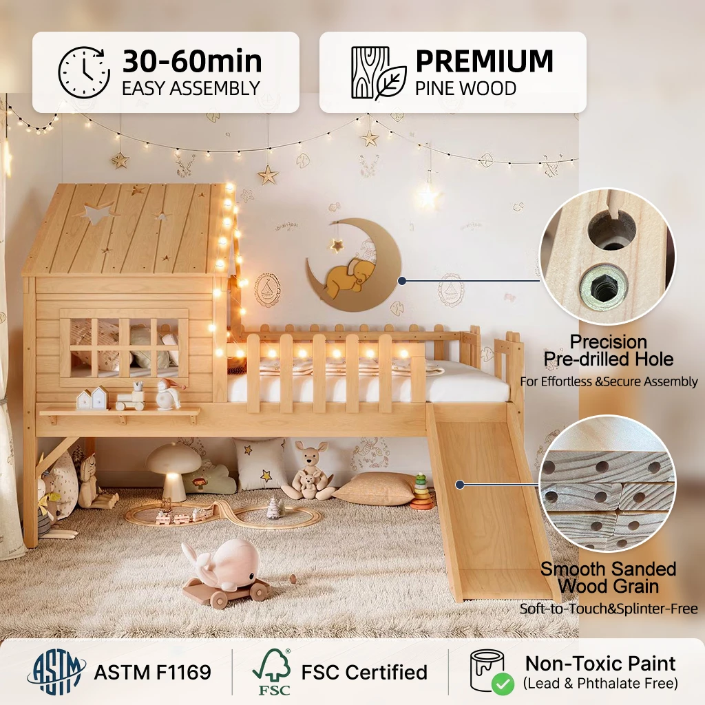 Sill&oacute;n reclinable moderno para ni&ntilde;os de madera maciza con tobog&aacute;n, luces LED y barandillas de seguri