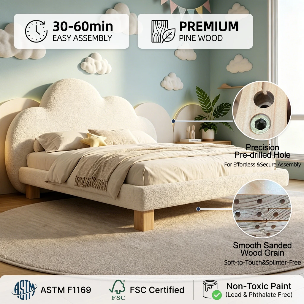 Sof&aacute; cama infantil de madera maciza con forma de nube simple y moderna, cama tapizada de cuero suave