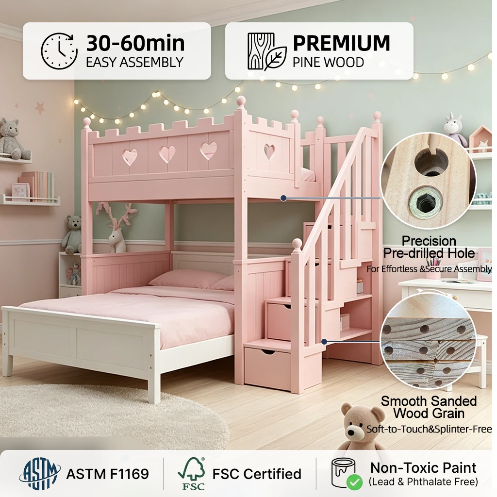 Litera de madera maciza con dise&ntilde;o de castillo de princesa rosa con escaleras de almacenamiento, cam