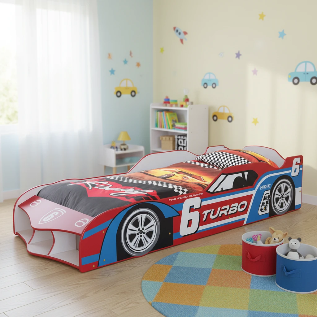 Sof&aacute; cama de madera con forma de coche de carreras, cama ecol&oacute;gica para ni&ntilde;os con almacenamiento y r