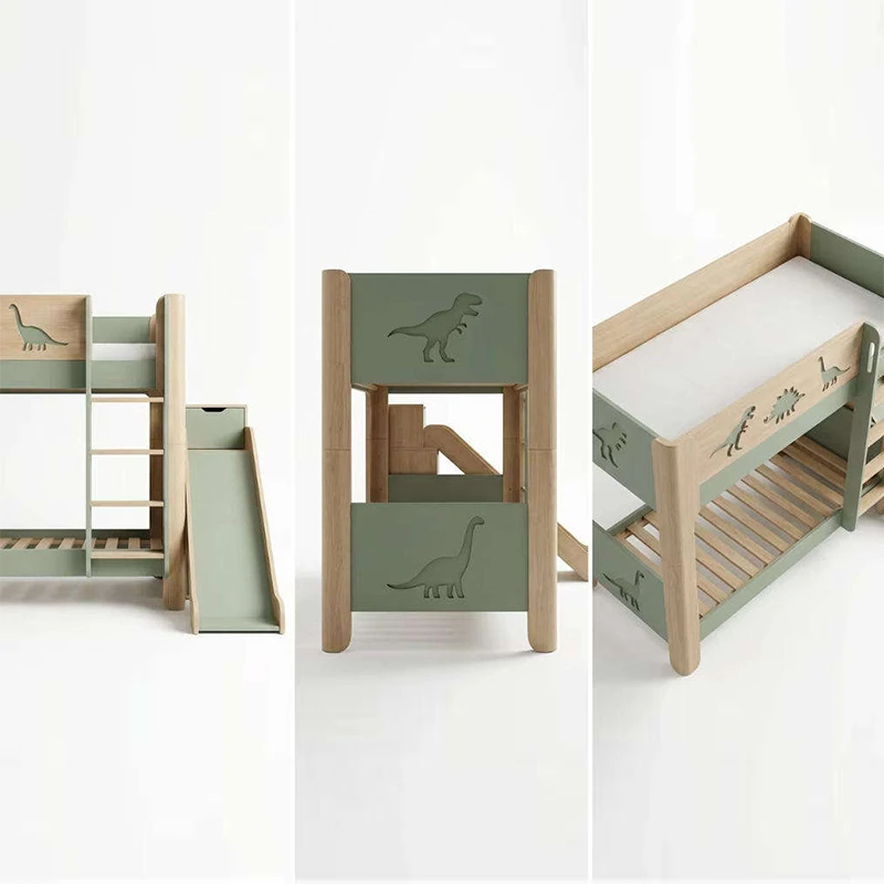 Litera de madera maciza con tem&aacute;tica de dinosaurios, litera moderna y ecol&oacute;gica para ni&ntilde;os con tobog