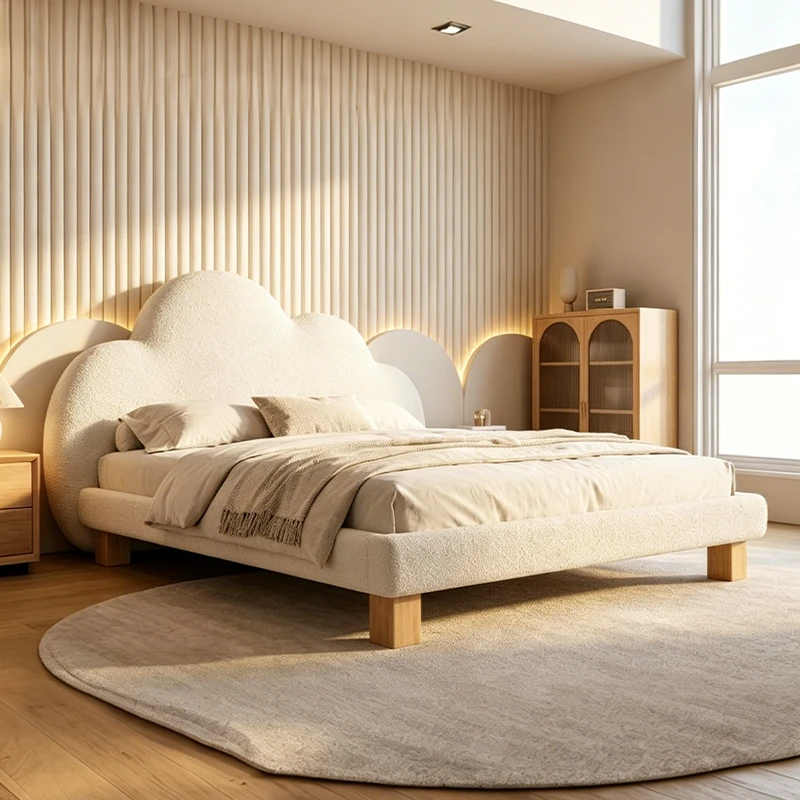 Sof&aacute; cama infantil de madera maciza con forma de nube simple y moderna, cama tapizada de cuero suave