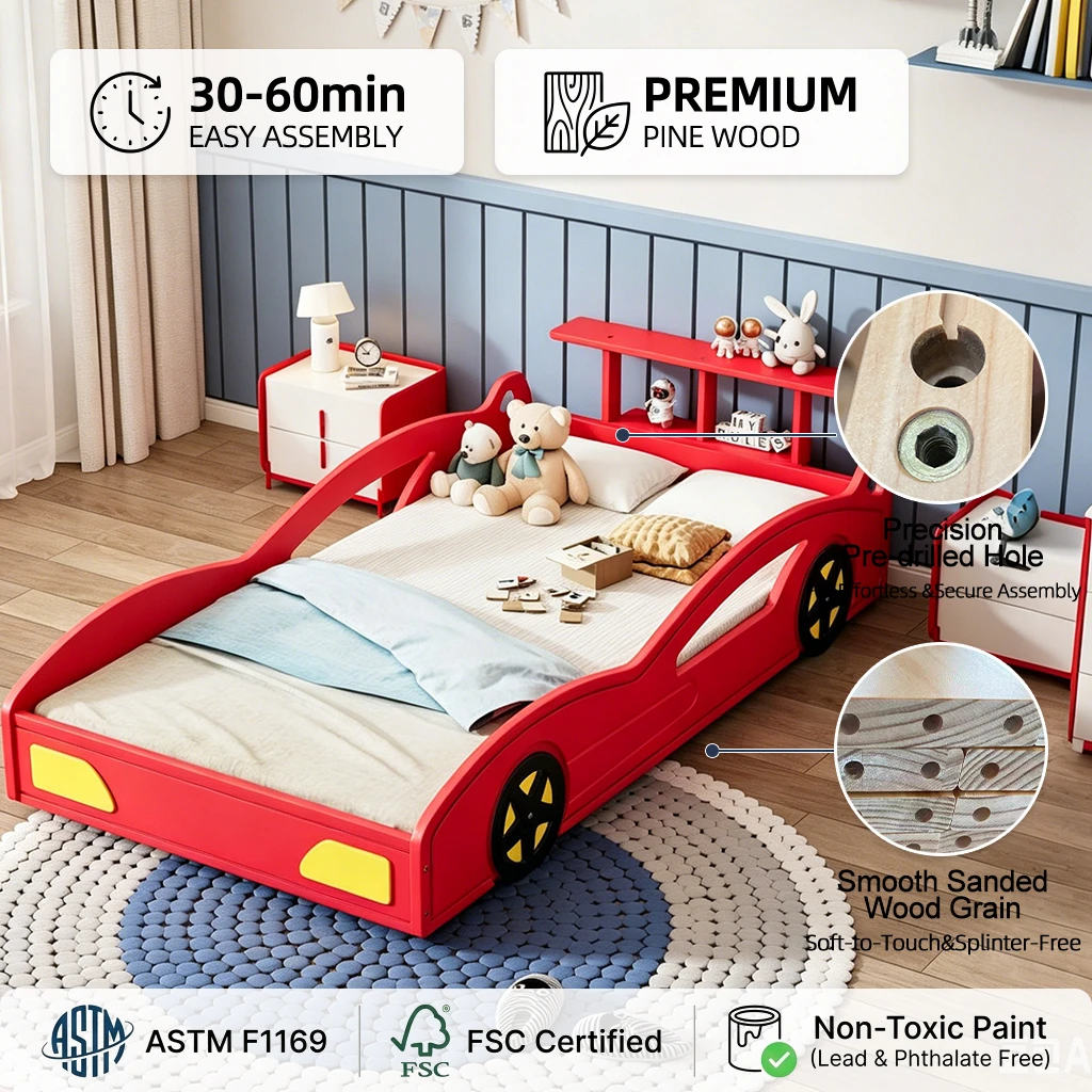 Cama doble moderna de madera para coche de carreras, sof&aacute; cama ecol&oacute;gico con almacenamiento y ruedas